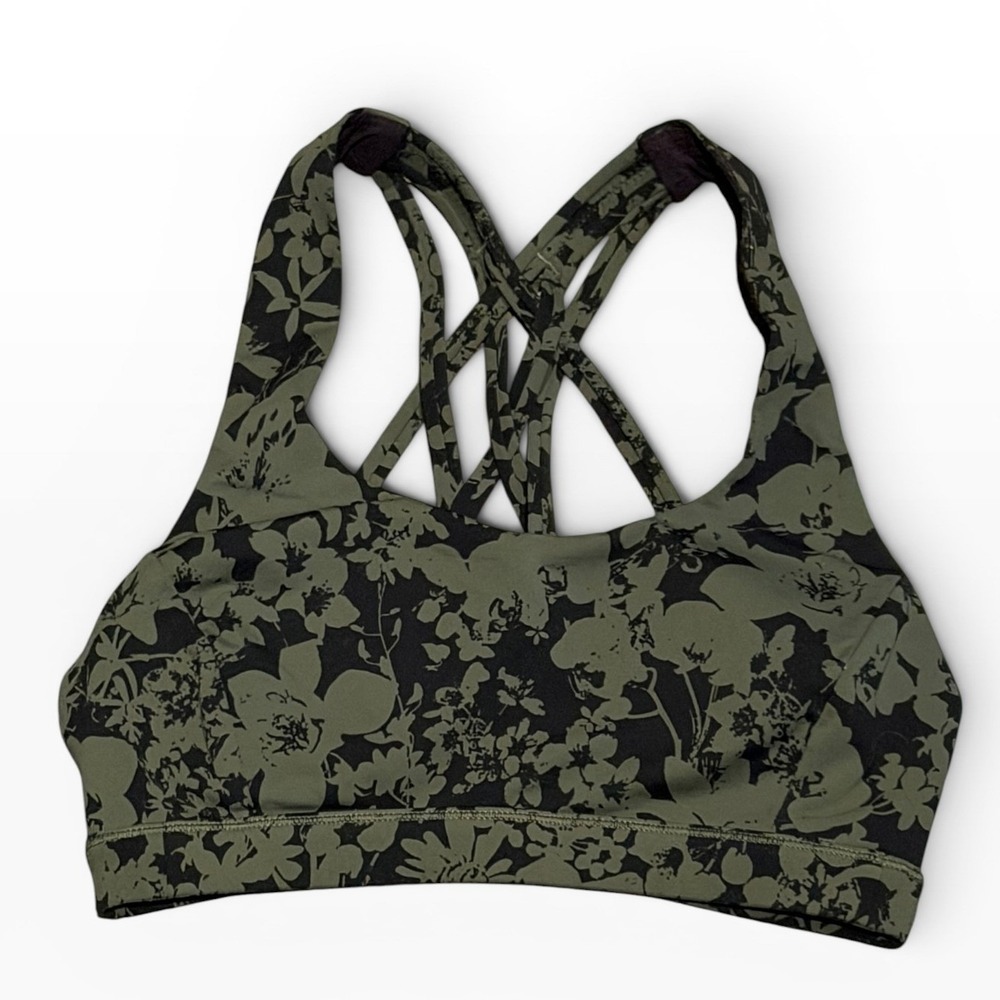Lululemon Free To Be Serene Sports Bra Olive Green Black Strappy Back Size 2